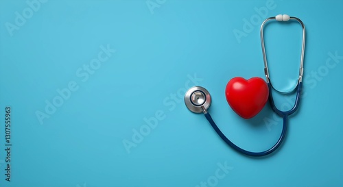 Stethoscope and Red Heart on Blue Background Medical Concept