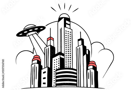 Black and white Art Deco-style illustration of a retro futuristic city skyline with sleek skyscrapers, alien spacecraft, bold geometric shapes, and minimalist sci-fi aesthetic in clean, bold lines.