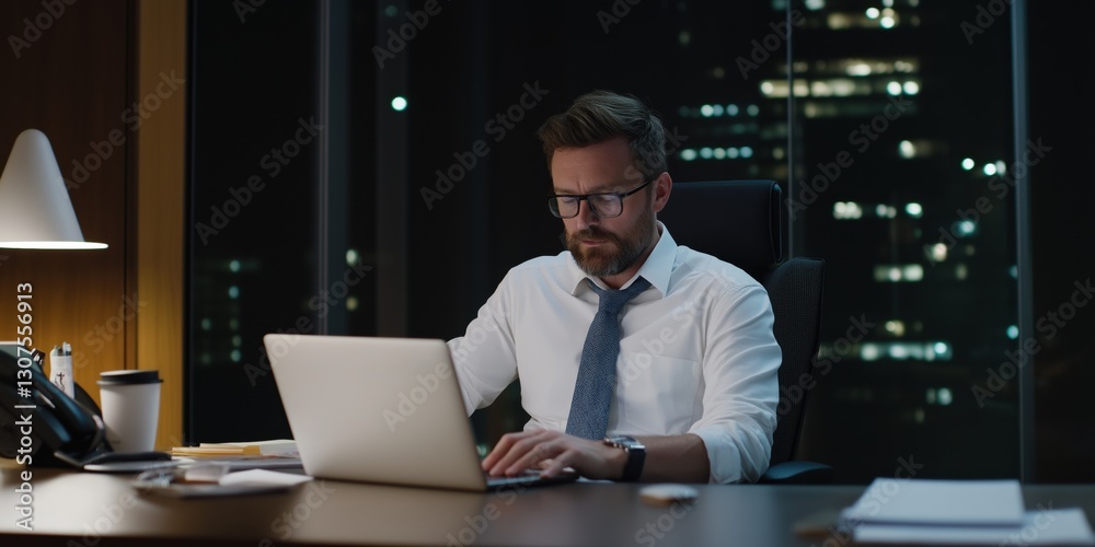 A man in a suit is sitting at a desk with a laptop open in front of him. He is wearing a tie and he is working on something important. The room is dimly lit, giving it a serious and focused atmosphere A man in a suit is sitting at a desk with a laptop open in front of him. He is wearing a tie and he is working on something important. The room is dimly lit, giving it a serious and focused atmosphere