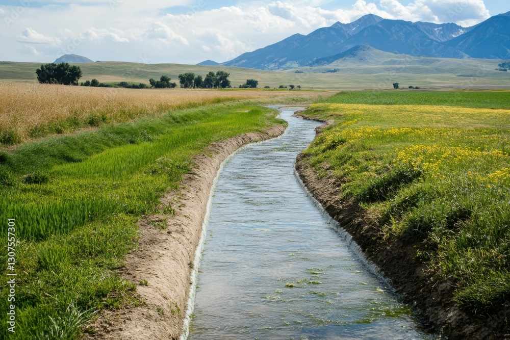 Irrigation Ditch in Colorado Farmland. Flowing Water in Rocky Mountain Farm with Green Grass Irrigation Ditch in Colorado Farmland. Flowing Water in Rocky Mountain Farm with Green Grass