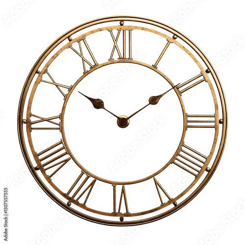 Untitled design - Antique brass wall clock with Roman numeral-shaped hands, a transparent  background
