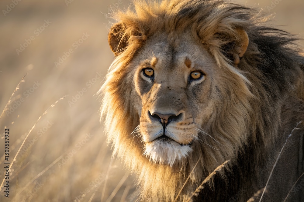 A majestic male lion resting in the tall grass of the African savanna during the golden hour A majestic male lion resting in the tall grass of the African savanna during the golden hour