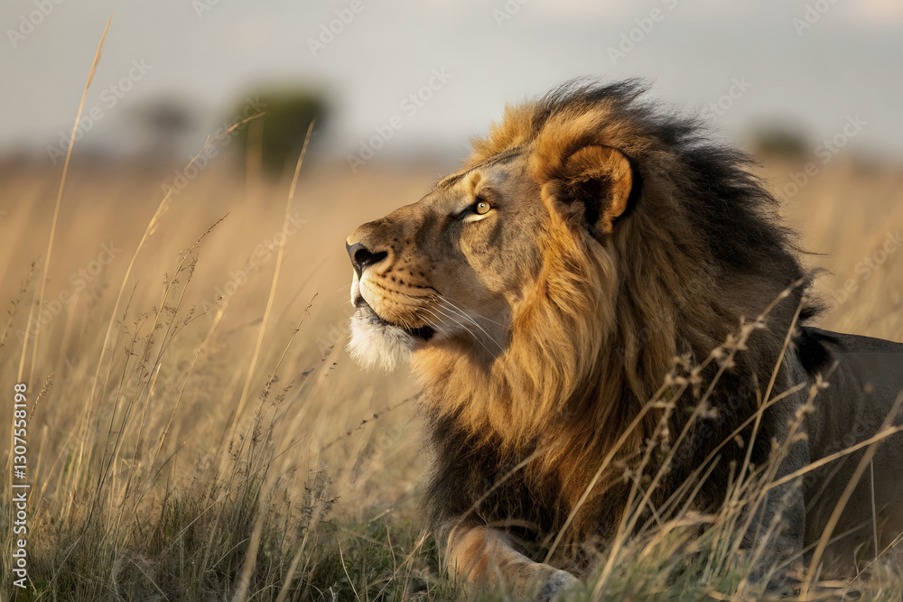 A majestic male lion resting in the tall grass of the African savanna during the golden hour A majestic male lion resting in the tall grass of the African savanna during the golden hour