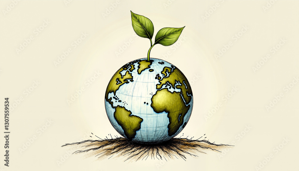 Illustration of Earth with sprouting plant, eco-friendly theme, colorful design