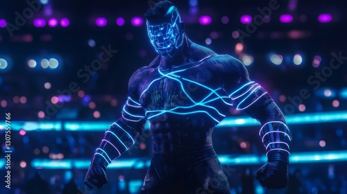Futuristic cyber wrestler preparing for virtual match in neon lit arena. Generative ai illustrations