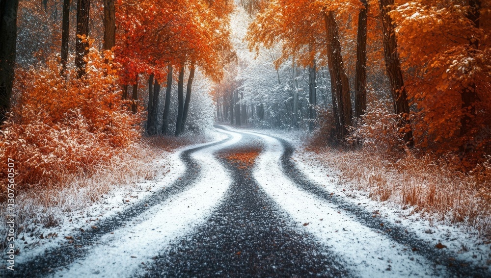 Fototapeta premium Winding Road Through Snowy Autumn Forest