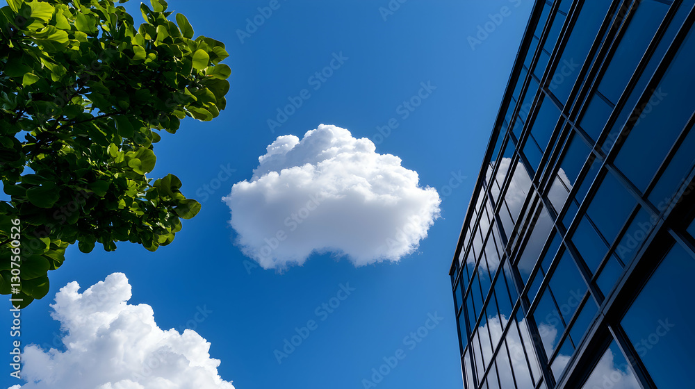 Futuristic Glass Skyscraper Reflecting Clouds Under a Bright Blue Sky Futuristic Glass Skyscraper Reflecting Clouds Under a Bright Blue Sky