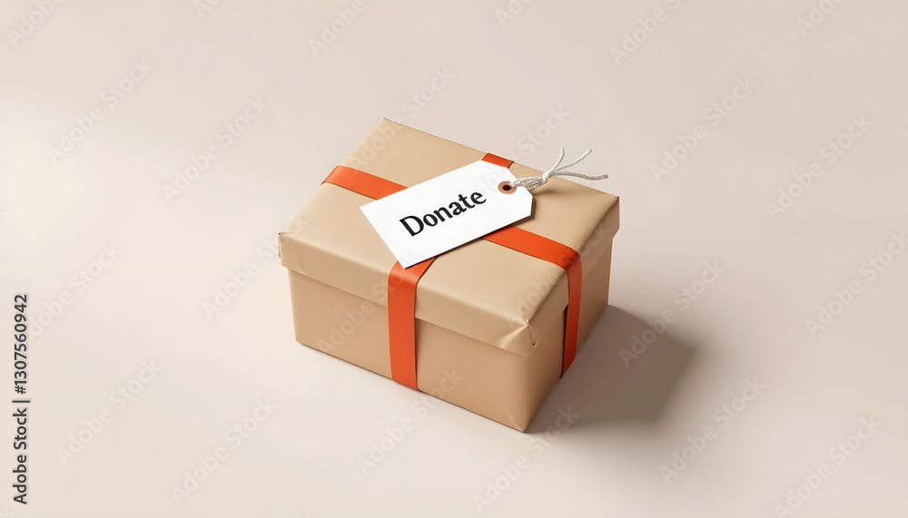 Fototapeta premium Donation box with orange ribbon on neutral background