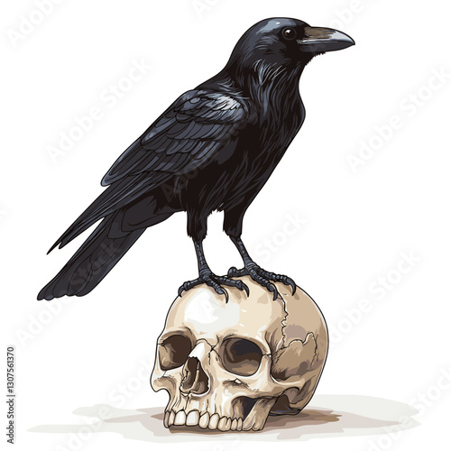 Black crow raven standing on a human skull. Vector illustration for Halloween. Witch magical totem animal, afterlife. Symbol of death, witchcraft, mysticism isolated on a white background
