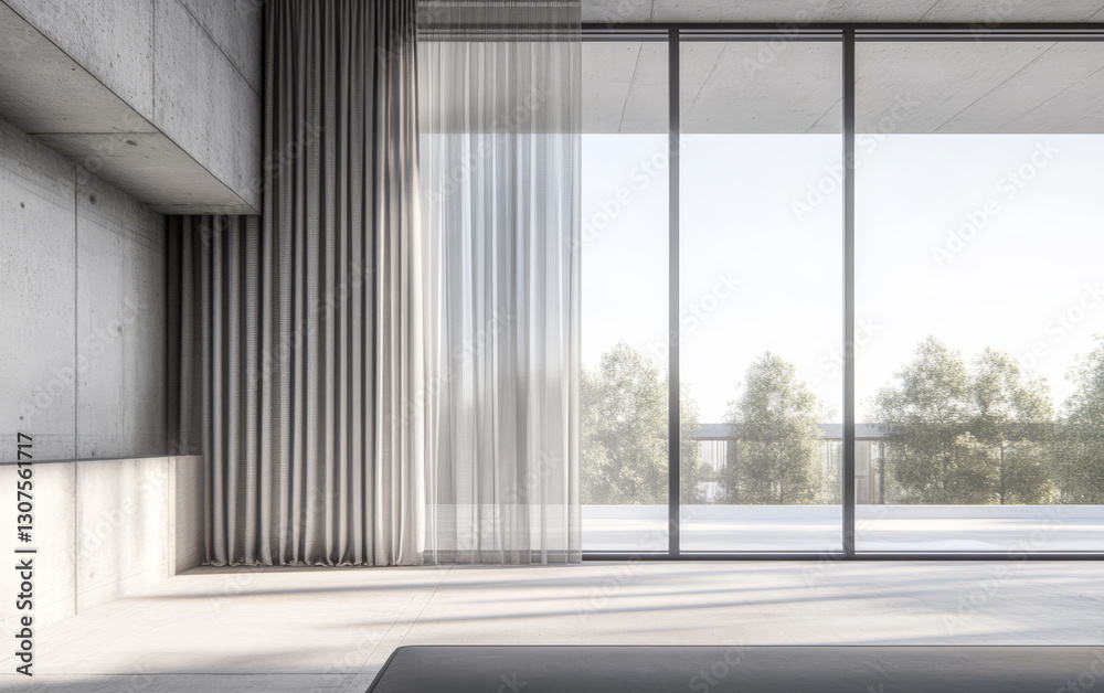 Fototapeta premium Minimalist modern interior design featuring large glass windows and soft curtains in daylight