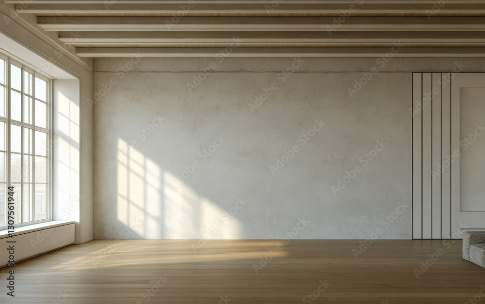 Fototapeta premium Bright spacious room with large windows showcasing minimalistic design and natural light