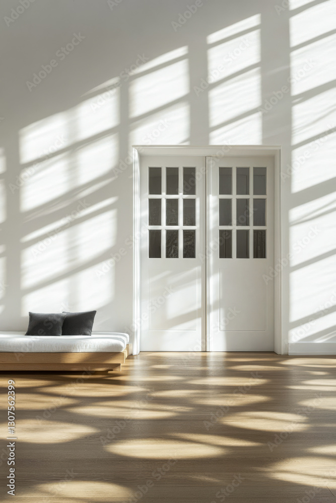 Obraz premium Bright minimalist interior showcasing sunlight patterns through windows in a modern space