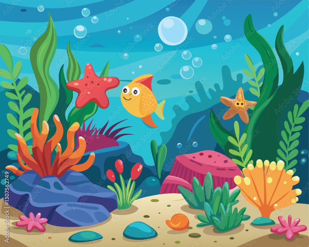 Fototapeta premium Beautiful 3D Ocean Landscape with Coral Reef and Starfish 