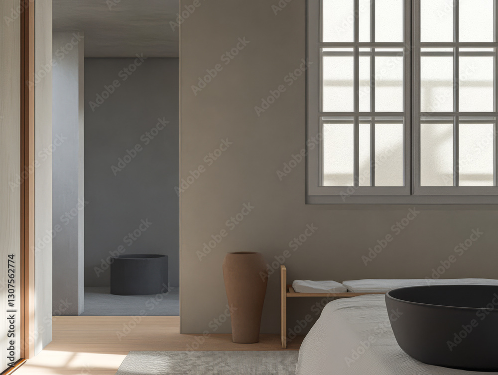 Fototapeta premium Modern minimalist bedroom with natural light and calming decor details