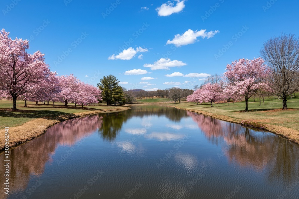 A serene landscape featuring a tranquil pond surrounded by blooming cherry blossom trees under a clear blue sky. A serene landscape featuring a tranquil pond surrounded by blooming cherry blossom trees under a clear blue sky.