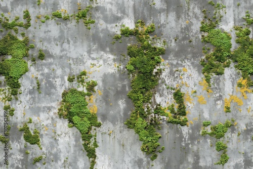 Seamless aerial view of a weathered concrete wall covered with patches of green moss and lichen, showcasing a textured and natural pattern.