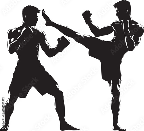 Silhouettes of fights with martial arts fists