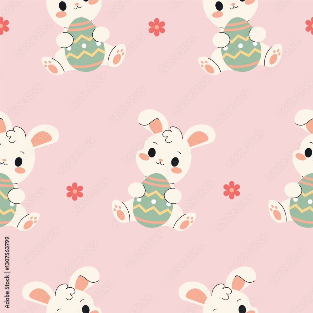 Seamless pattern of Easter bunnies with eggs and flowers, perfect for holiday, spring, and festive design projects. Seamless pattern of Easter bunnies with eggs and flowers, perfect for holiday, spring, and festive design projects.