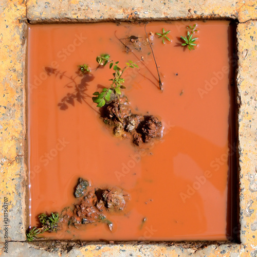 A square pit filled with muddy, reddish-brown water contains several small clumps of soil and sparse green plants.