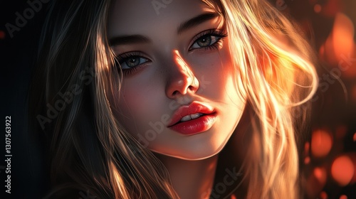 Close-up portrait of a beautiful blonde woman, warm light, bokeh background