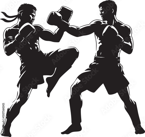 Silhouettes of fights with martial arts fists