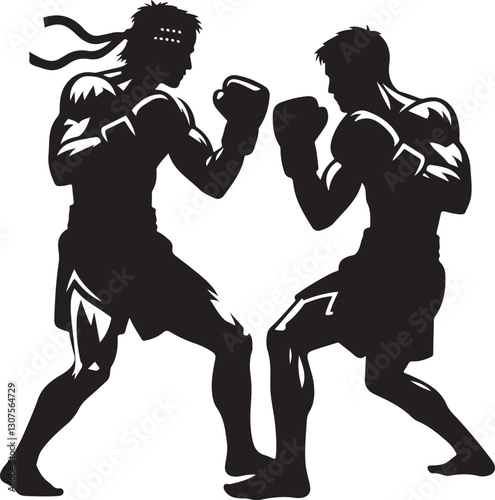 Silhouettes of fights with martial arts fists