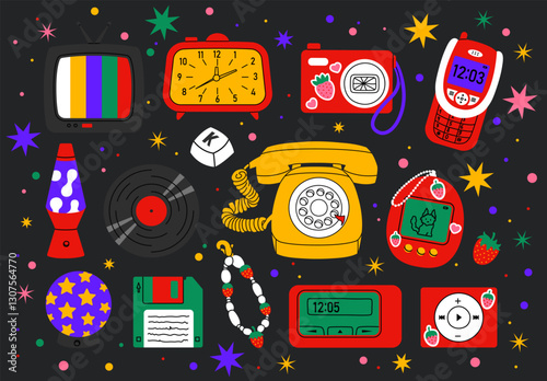 Retro collection of nostalgic gadgets and accessories from the 90s and 2000s. Featuring vintage technology like flip phones, cassette tapes, lava lamps, vinyl records, and more. Old style technology.