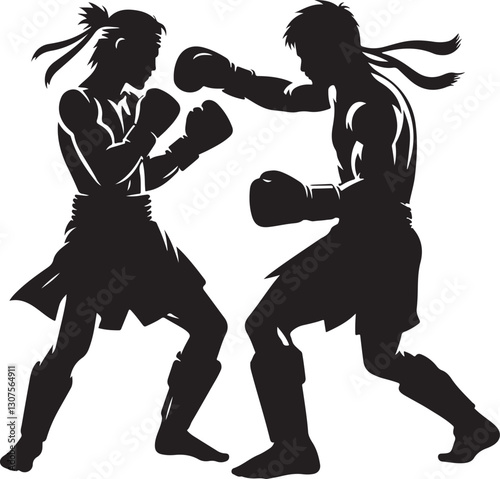 Silhouettes of fights with martial arts fists