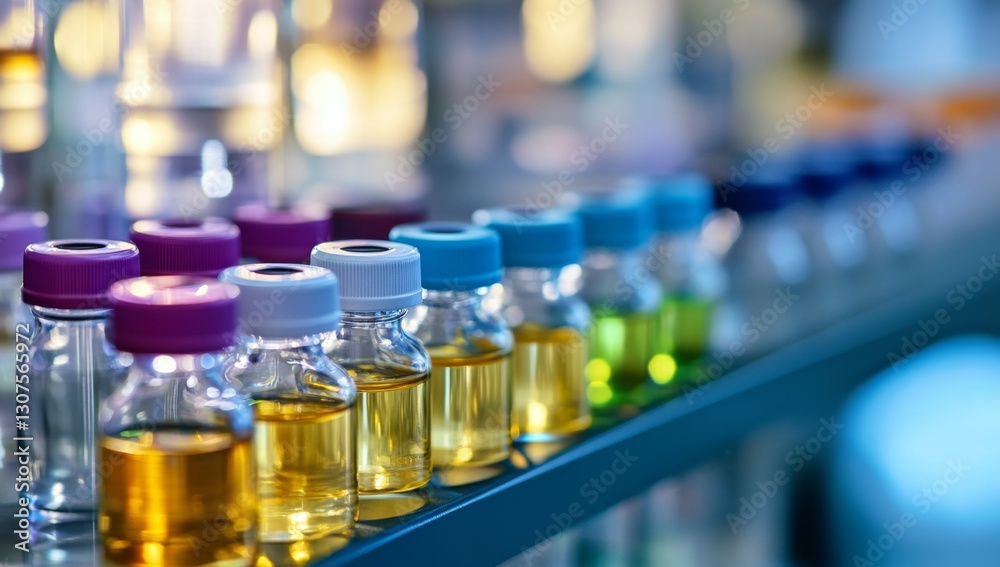 Colorful vials lined on lab shelf Colorful vials lined on lab shelf