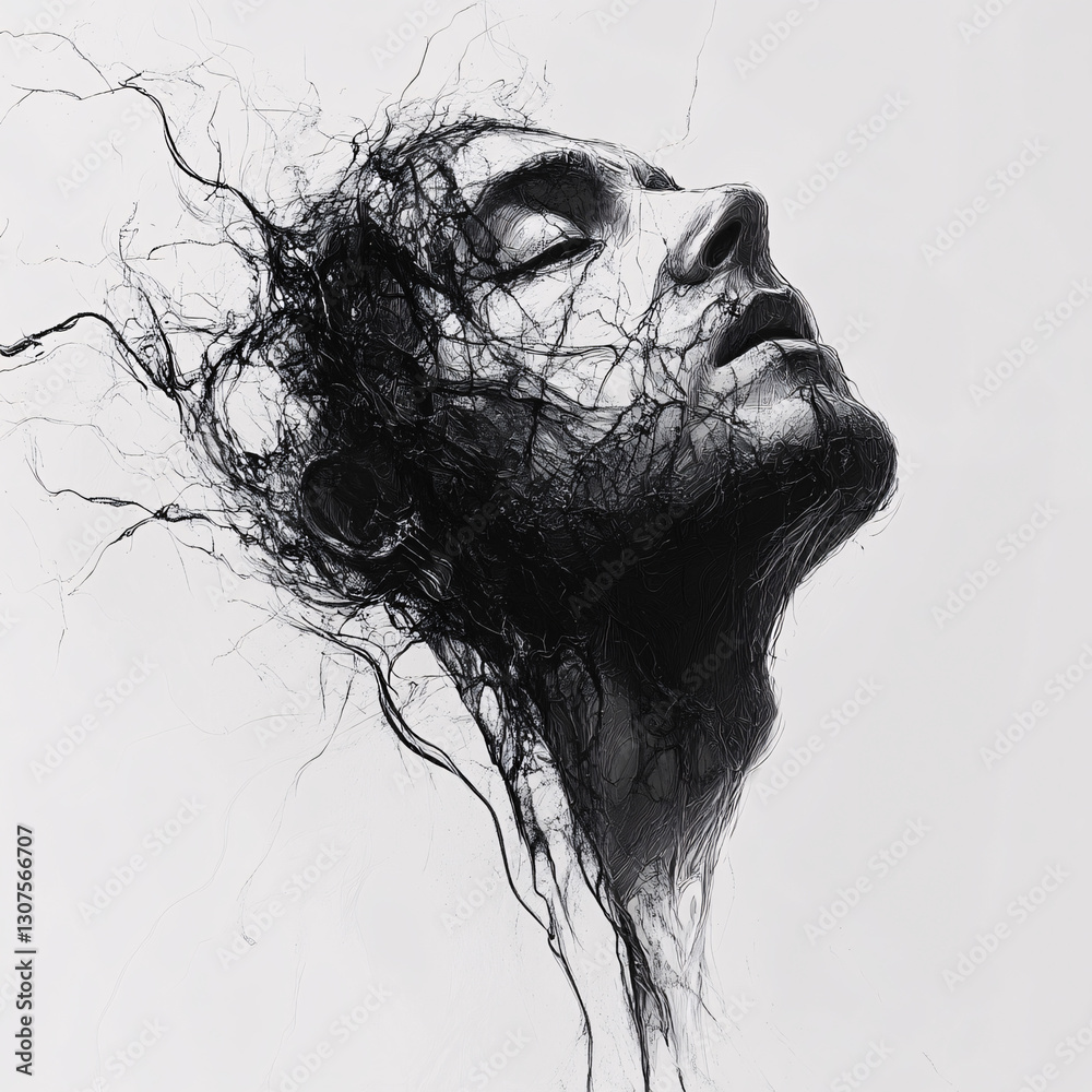 Fototapeta premium Abstract face depicted in a sketch style. Monochromatic portrait with expressive lines and shading. Artistic rendering of a human head with closed eyes.