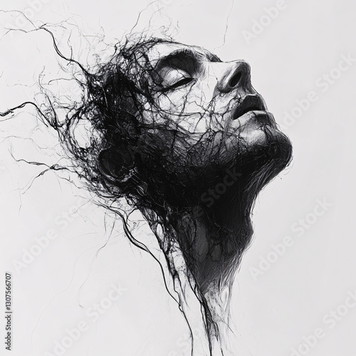 Abstract face depicted in a sketch style. Monochromatic portrait with expressive lines and shading. Artistic rendering of a human head with closed eyes.