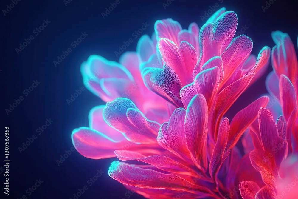 A vibrant close-up of luminous, pink-tinted coral-like forms glowing against a dark background, showcasing intricate textures and shapes.