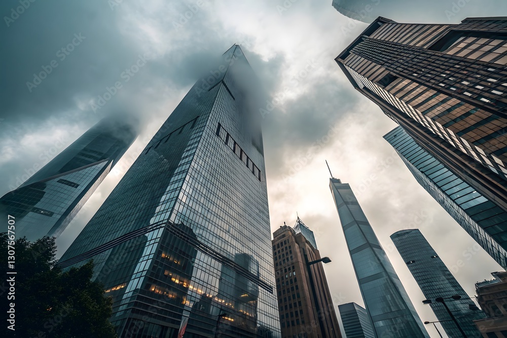 A dramatic colorful blur vibrant cityscape showing towering modern skyscrapers shrouded in mist and clouds A dramatic colorful blur vibrant cityscape showing towering modern skyscrapers shrouded in mist and clouds