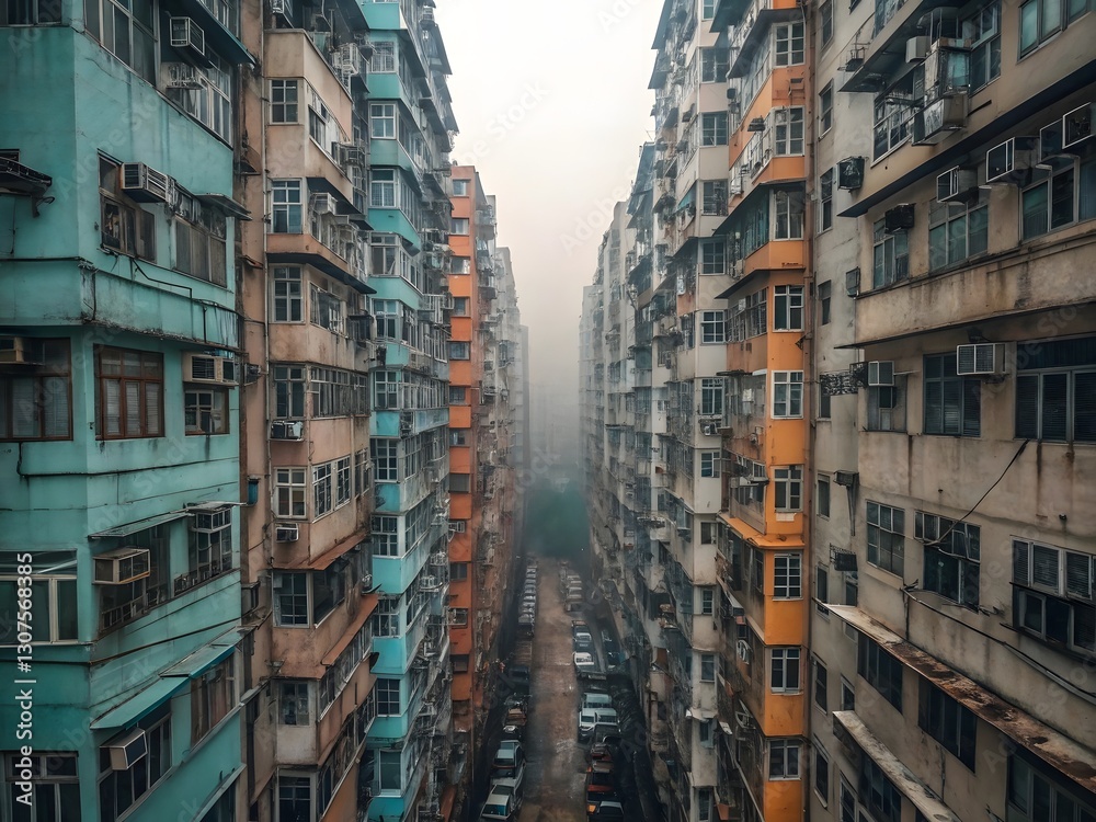 Fototapeta premium An atmospheric urban scene of densely packed high-rise apartment buildings, viewed from a narrow alley between them