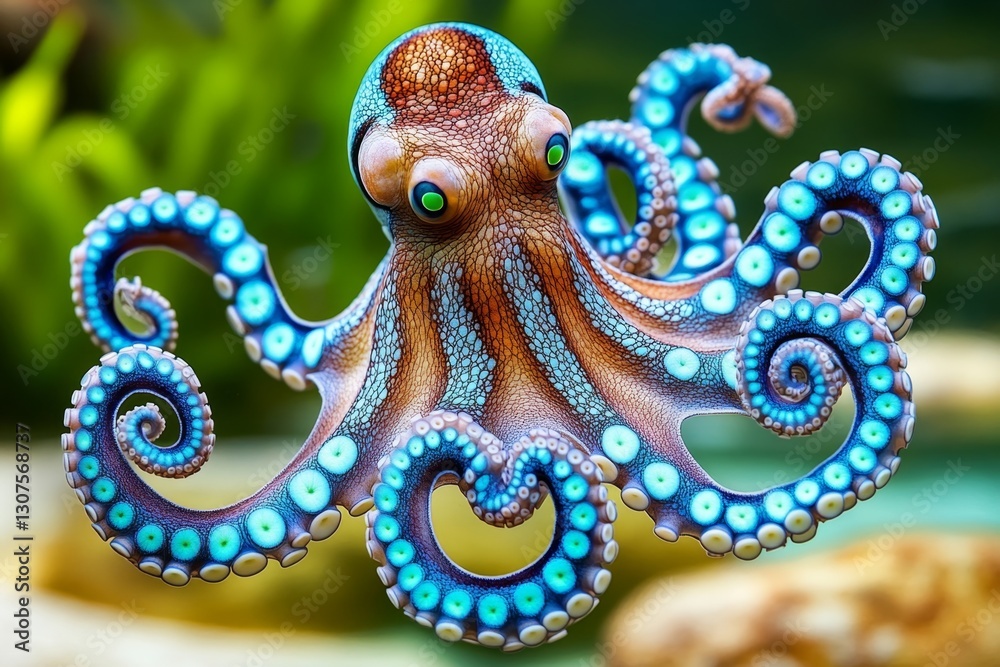 Obraz premium A blue-ringed octopus glowing with neon blue patterns as a warning signal