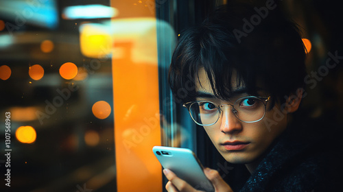 A young asian man with dark hair and glasses gazes at his smartphone while sitting near a window in a softly lit urban cafe during the evening.