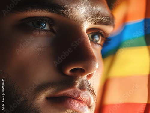 Young man looks pensive with multicolored lgtb flag in background 