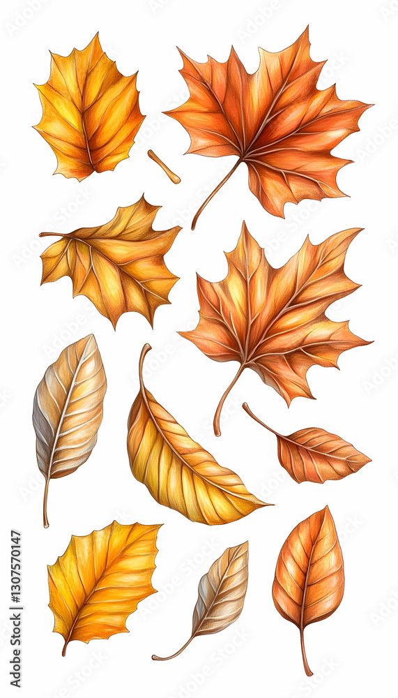 Obraz premium Autumn leaf collection; digital illustration, white background; ideal for fall designs