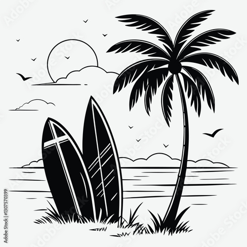 Surfboards leaning against a palm tree, with the sea in the background silhouette design vector art and illustration