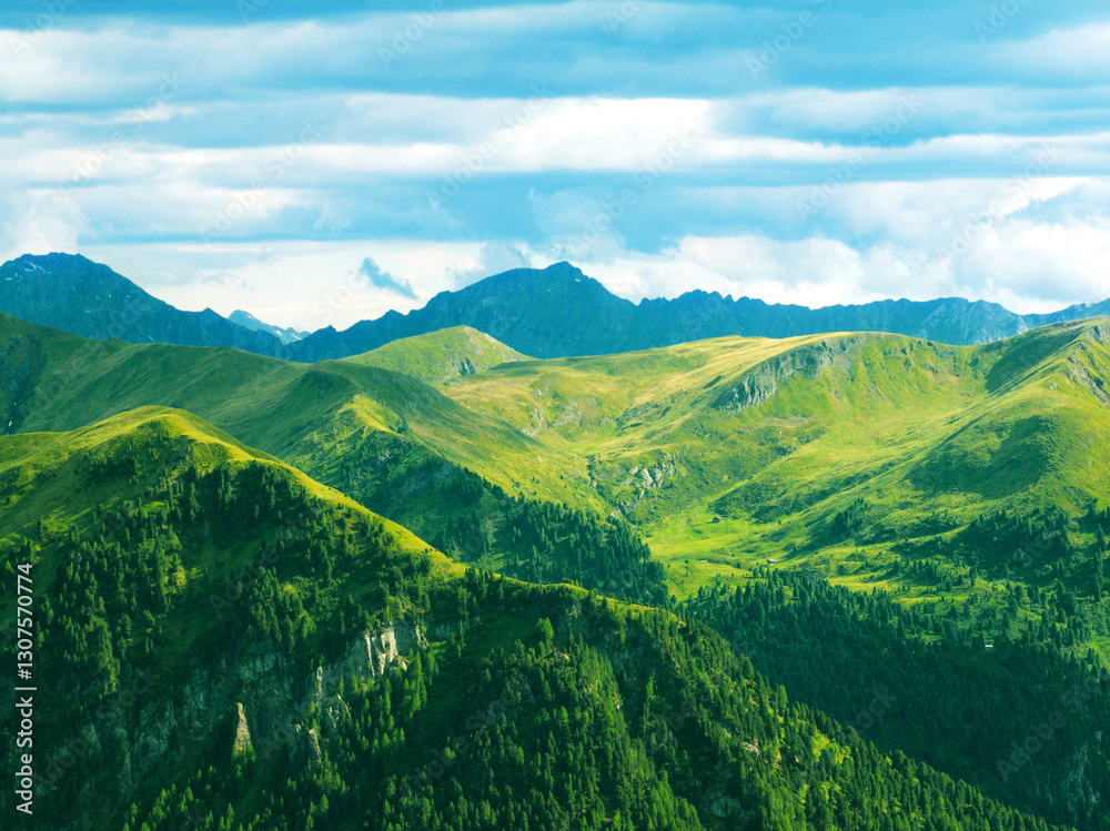 Obraz premium Aerial view Dolomite Alps Italy in summer on sunny day against blue sky. Green coniferous forest and grass meadows top view. Nature. Travel concept