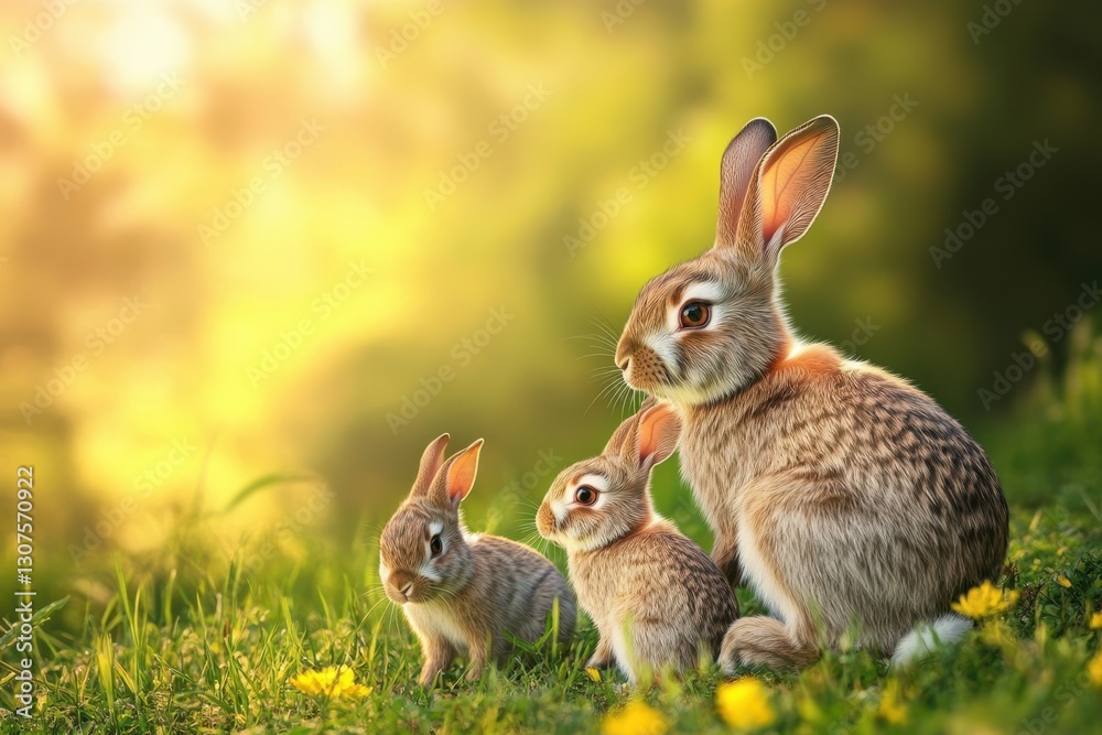 Fototapeta premium Rabbits sitting in a sunny meadow surrounded by wildflowers during early morning