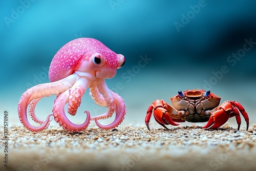 A close-up of an octopus hunting, extending a tentacle toward an unsuspecting crab