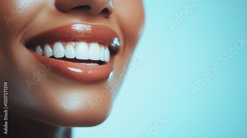 Close up showcase of a bright, healthy smile with perfect teeth on a subtle dental visit background Generative AI