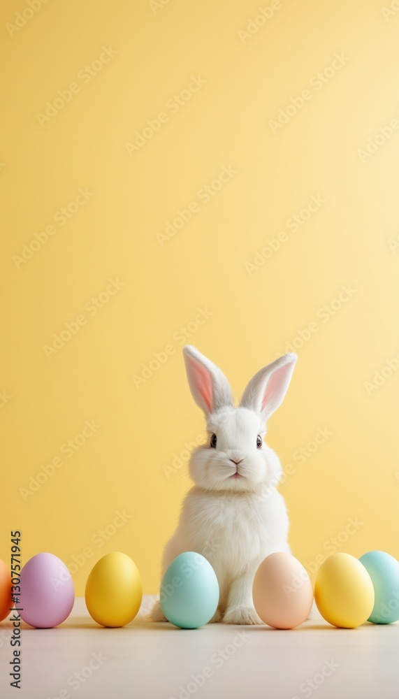 Fototapeta premium A white rabbit stands in front of a row of colorful eggs. The scene is bright and cheerful, with the rabbit and eggs creating a sense of playfulness and innocence