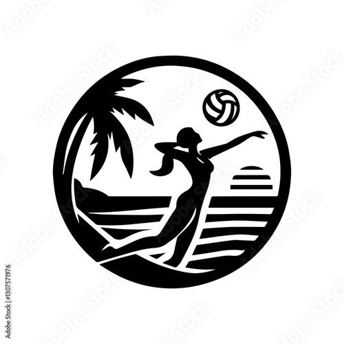 line art vector of woman playing volly beach vector logo illustration