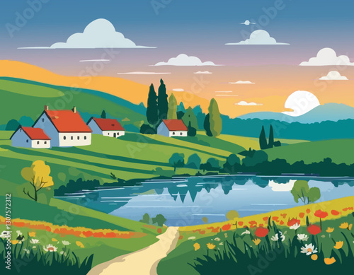 Sunny countryside vector illustration depicting a bright rural landscape with green fields, rolling hills, a dirt road, and a clear blue sky. The scene features farmhouses, trees, and golden sunlight,