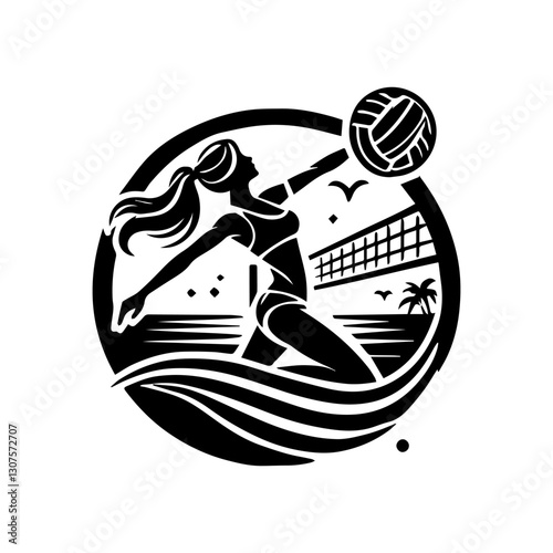 line art vector of woman playing volly beach vector logo illustration
