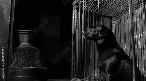 Black dog in a cage, dark room, vintage heater photo