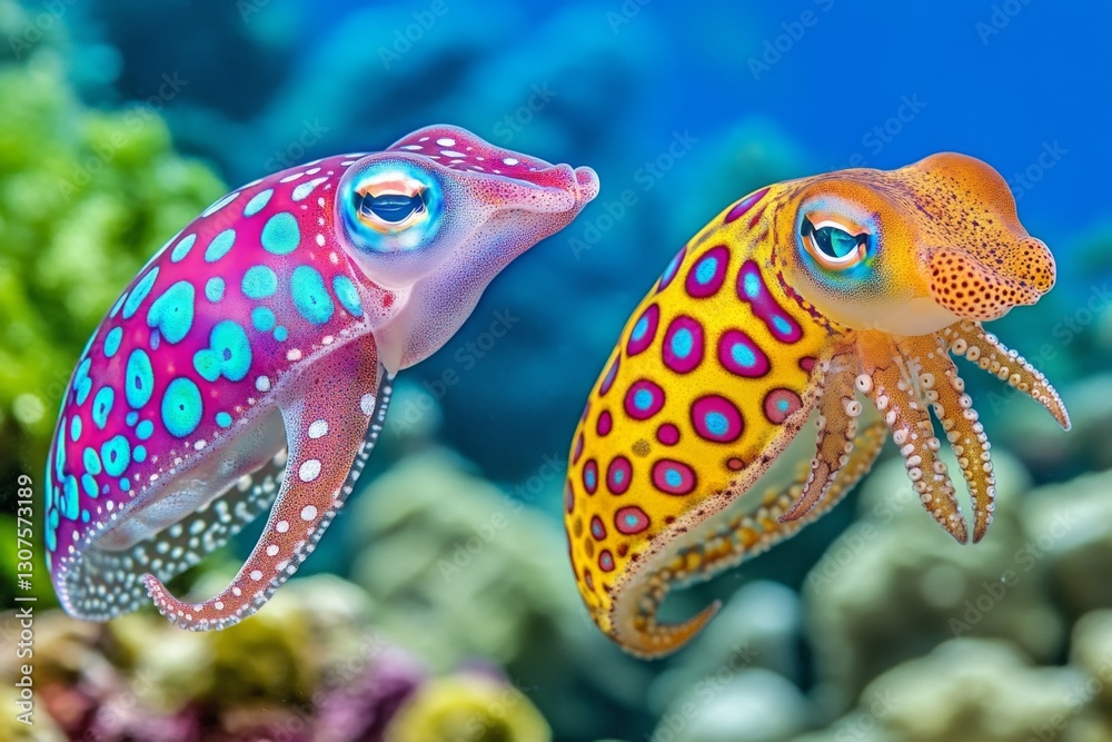 Fototapeta premium A cuttlefish and an octopus swimming side by side, both using camouflage techniques
