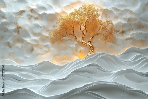 Fototapeta Naklejka Na Ścianę i Meble -  3D mural wallpaper shows white, gold waves, gold tree. Design embossed creating relief effect. Abstract art decorates wall background. Modern design for home . 32k Resolution 